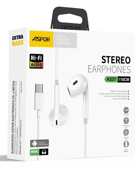 Auriculares Aspor A237 Hi-Fi Stereo Type-C – 110 cm | Extra Bass