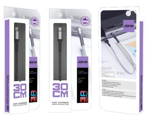 Cable de Carga Rápida Aspor 30 CM – 3A | Micro USB / Tipo C