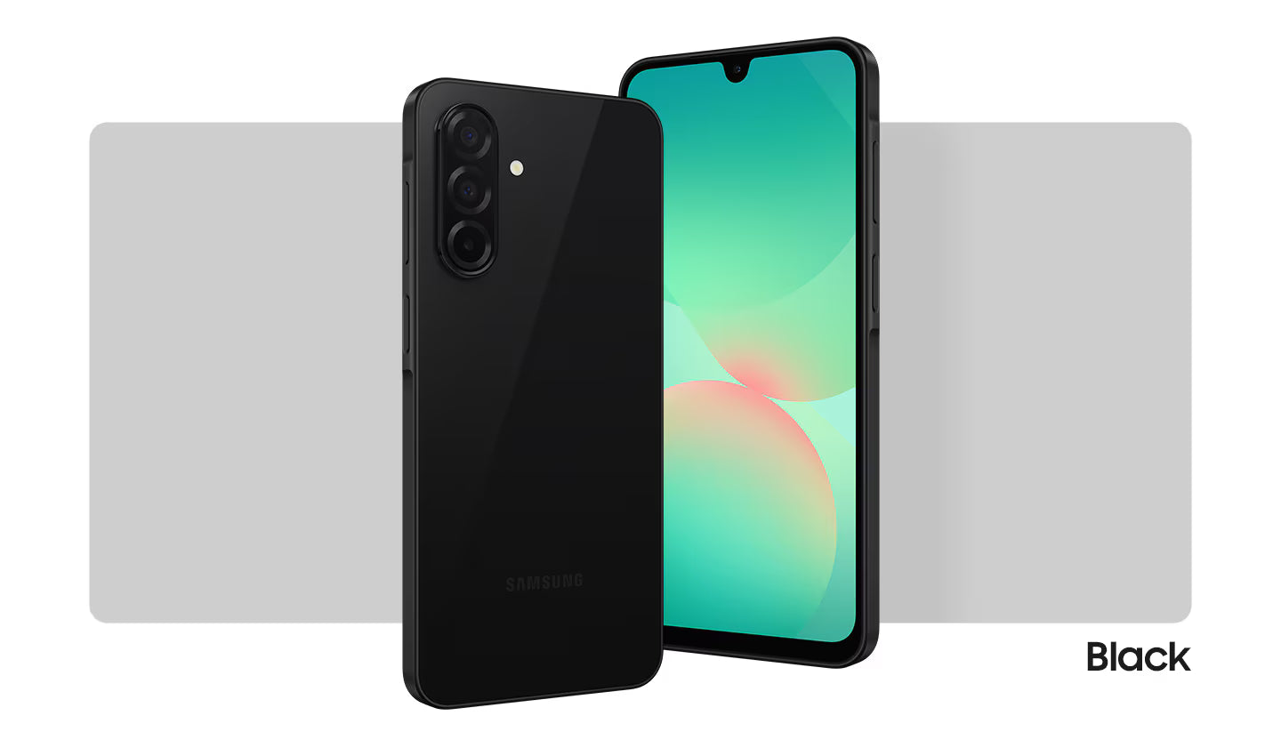 Samsung Galaxy A56 5G color Black visto de frente con pantalla completa. Vista trasera del Samsung Galaxy A56 5G en color Black mostrando módulo de cámaras