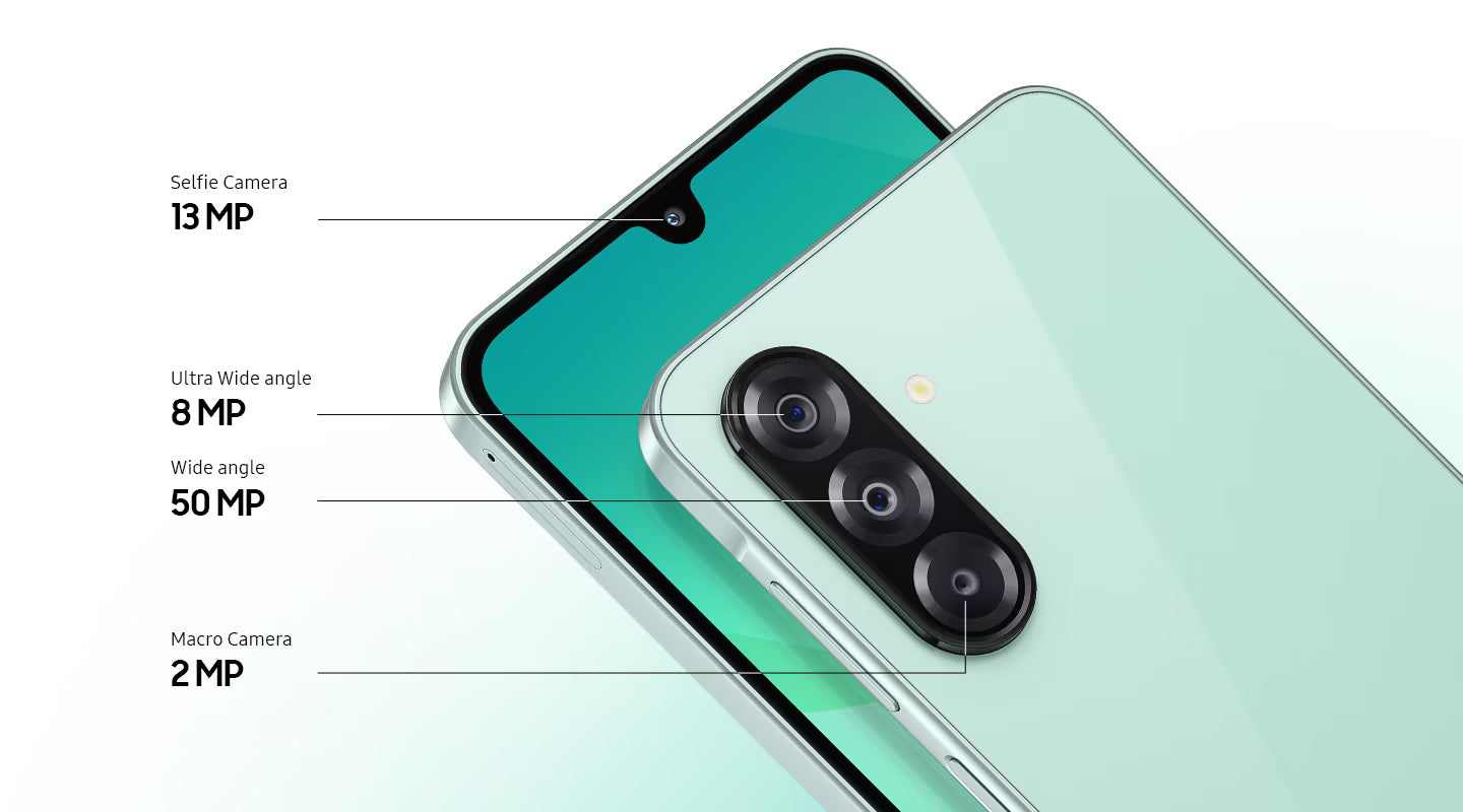 Detalle de las cámaras del Samsung Galaxy A26 5G mostrando la cámara wide de 50 MP, ultra wide de 8 MP, macro de 2 MP y la cámara selfie de 13 MP
