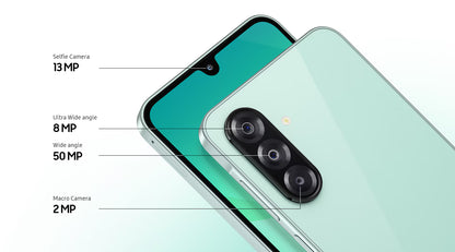 Detalle de las cámaras del Samsung Galaxy A26 5G mostrando la cámara wide de 50 MP, ultra wide de 8 MP, macro de 2 MP y la cámara selfie de 13 MP